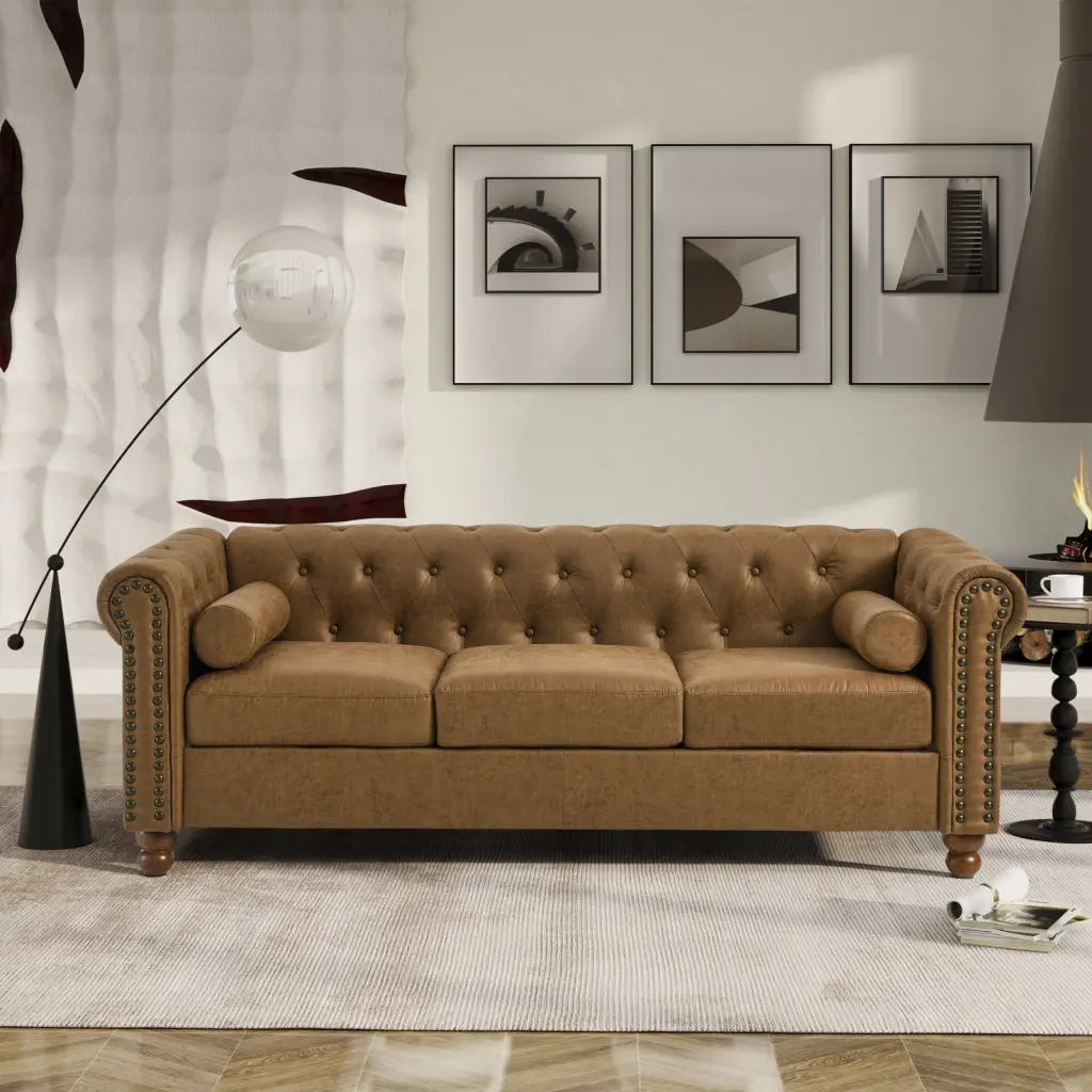 Miekor Furniture Chesterfield Tufted Fabric Sofa Couch Large Brown