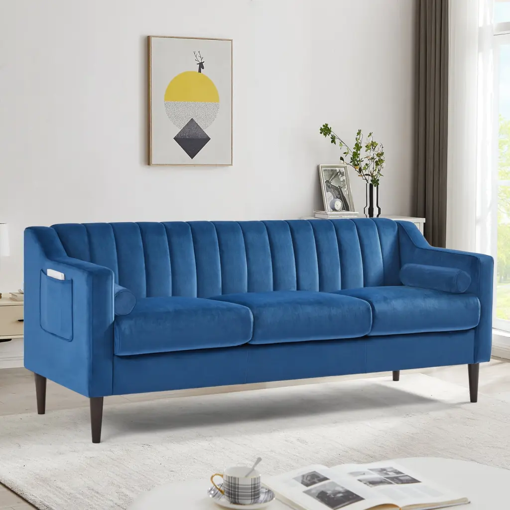 Modern Chesterfield Blue Velvet Sofa Couch Wooden Frame Living Room Miekor