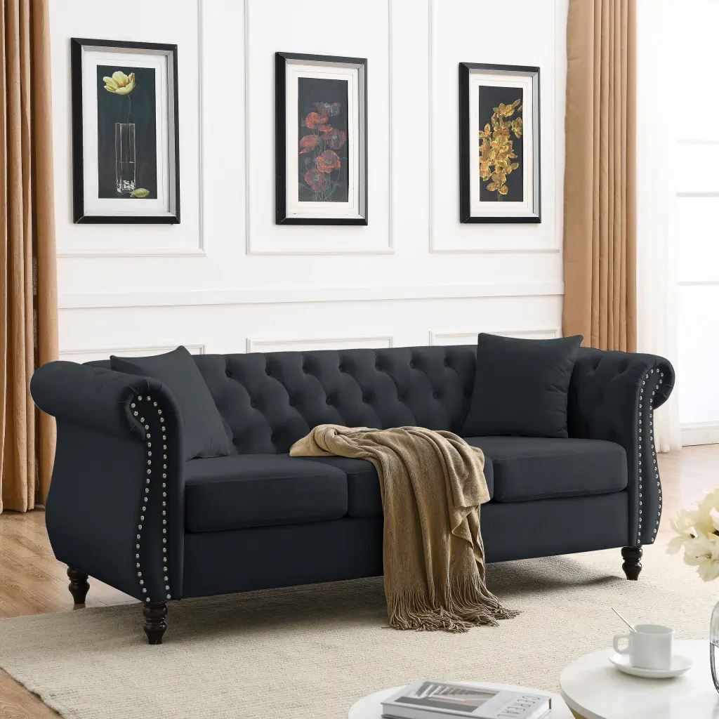 80 Chesterfield Sofa Black Velvet 3 Seater Tufted Couch Rolled Arms and Nailhead Living Room Bedroom Office Apartment Incl...