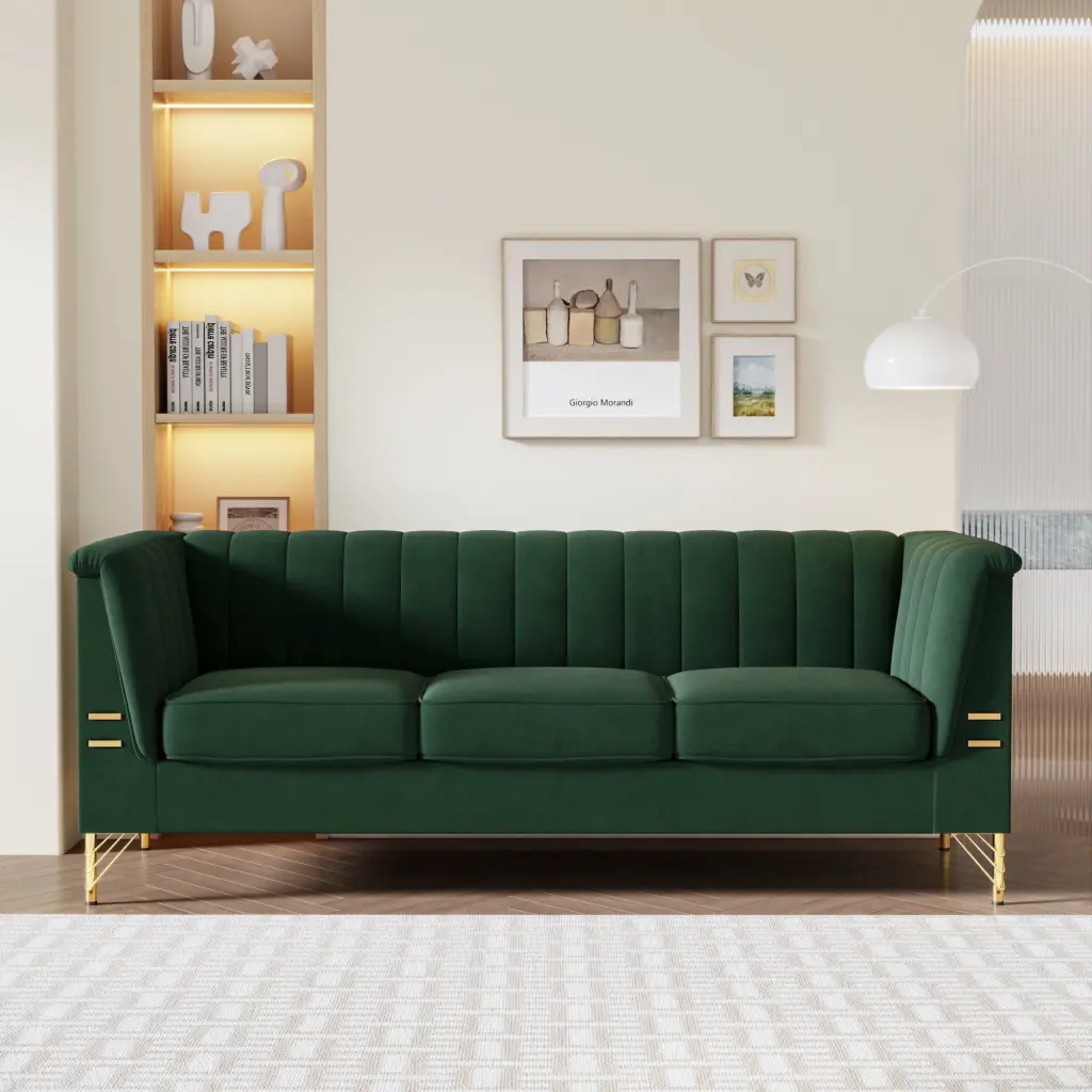 Mid-Century Velvet Sofa Chesterfield Couch Living Room Green Sofa Golden Metal Legs OMCCHK