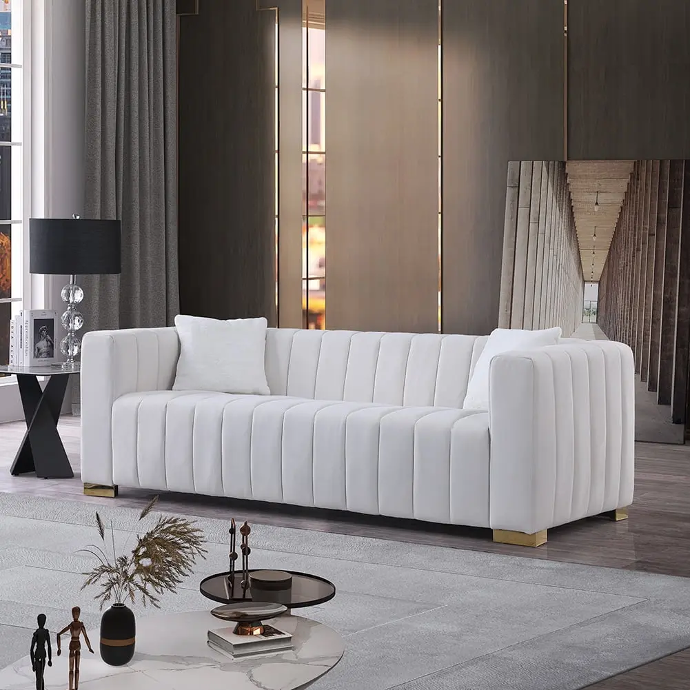 OYang Modern 3 Seater Chesterfield Velvet Sofa Metal Legs Living Room or Bedroom