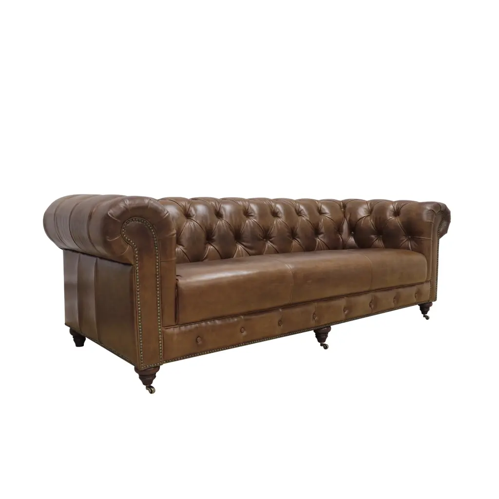 Pasargad Home Paris Club Top Grain Leather Cigar Finish Tufted Chesterfield Sofa 88 Inch Brown
