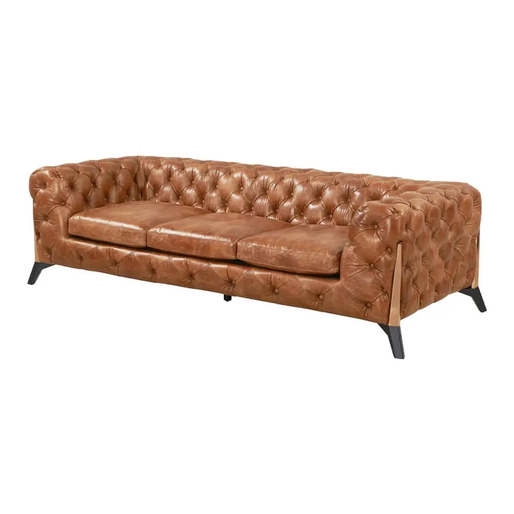 Pemberly Row Leather Tufted Chesterfield Sofa Light Brown - Classic Living Room Furniture