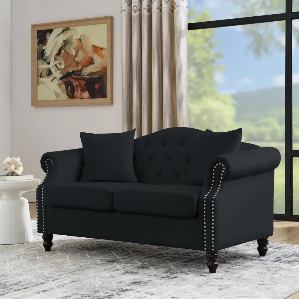 Black Velvet 2-Seater Chesterfield Sofa Nailhead Trim and Pillows Ponnky