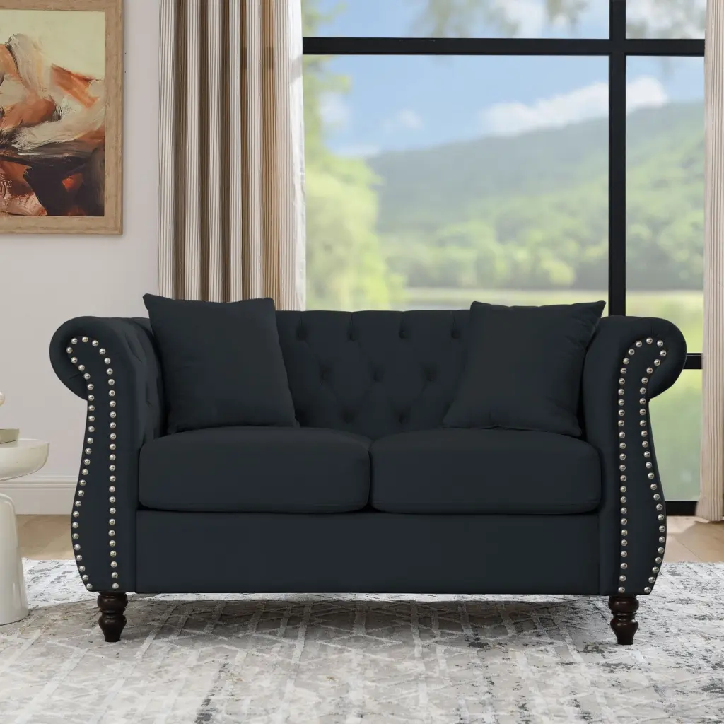Black Velvet 2-Seater Chesterfield Sofa Nailhead Trim and Two Pillows Ponnky