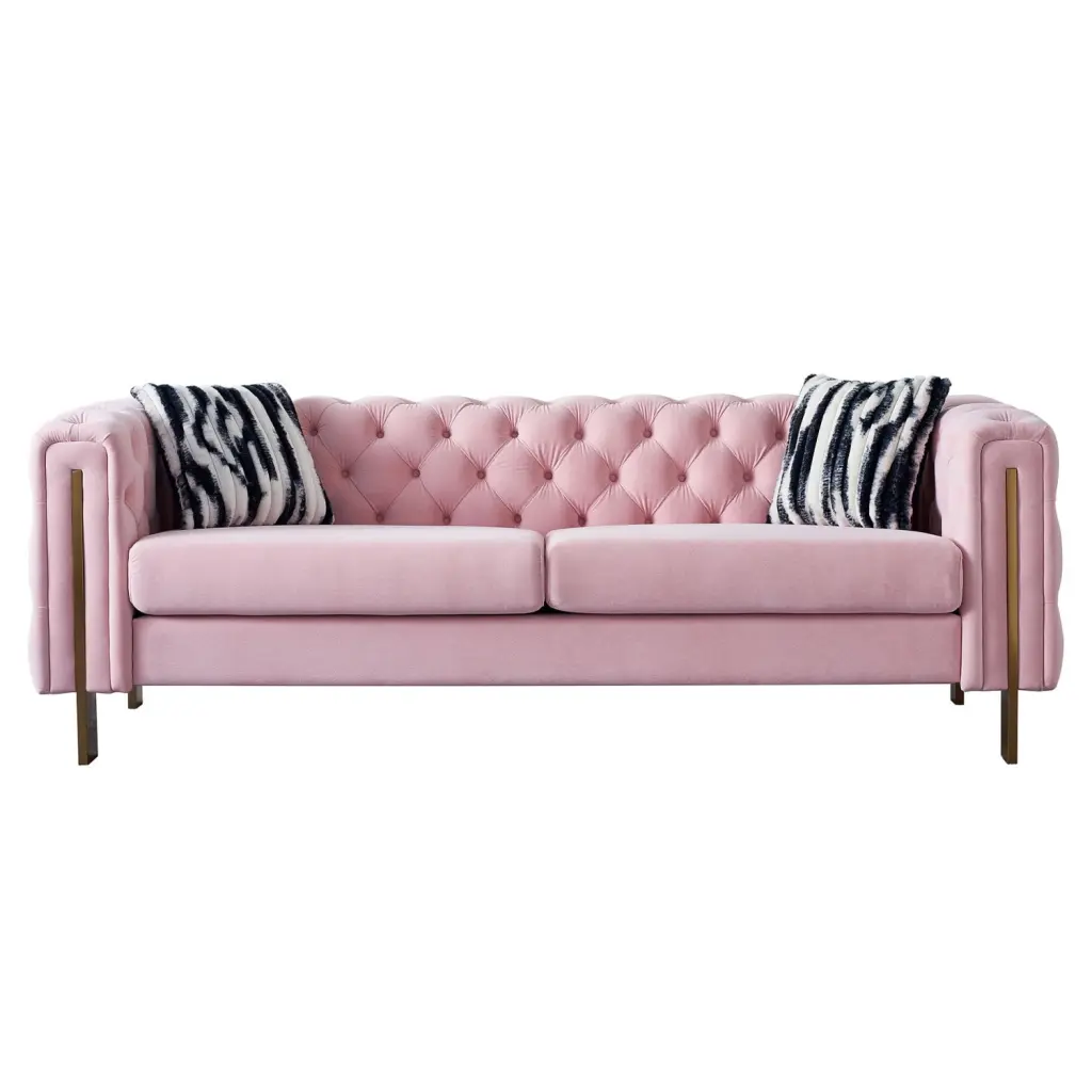 Chesterfield Modern Tufted Velvet Living Room Sofa 84.25 Inch Pink Velvet Couch Gold Metal Legs Elegant Comfortable Ponnky