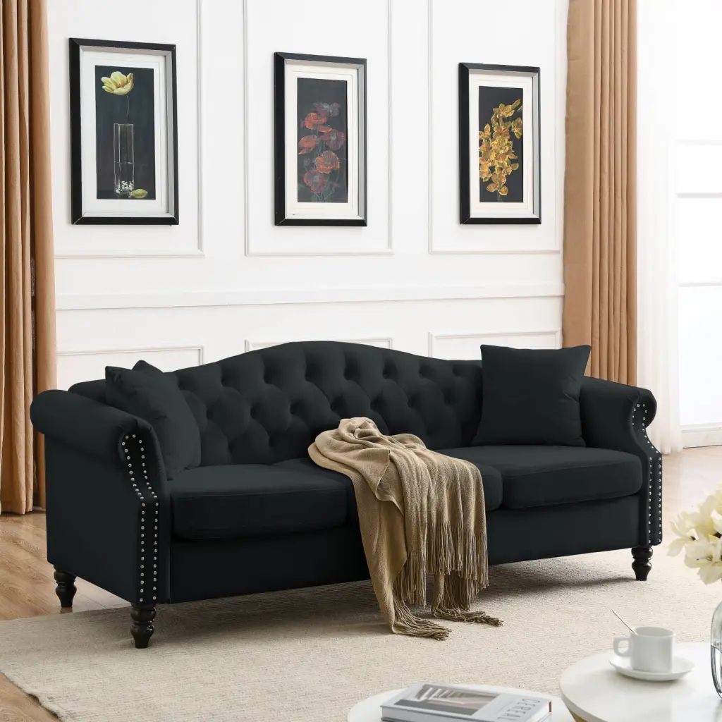 79 Chesterfield Sofa Black Velvet Rolled Arms Nailhead Trim and Two Pillows Elegant 3-Seater Couch Ponnky