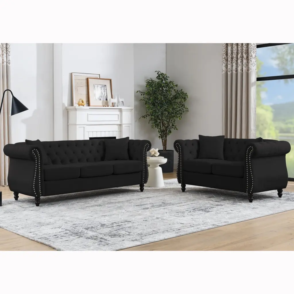 80 Chesterfield Sofa Black Velvet 3 Seater Tufted Couch Rolled Arms and Nailhead Trim Ponnky