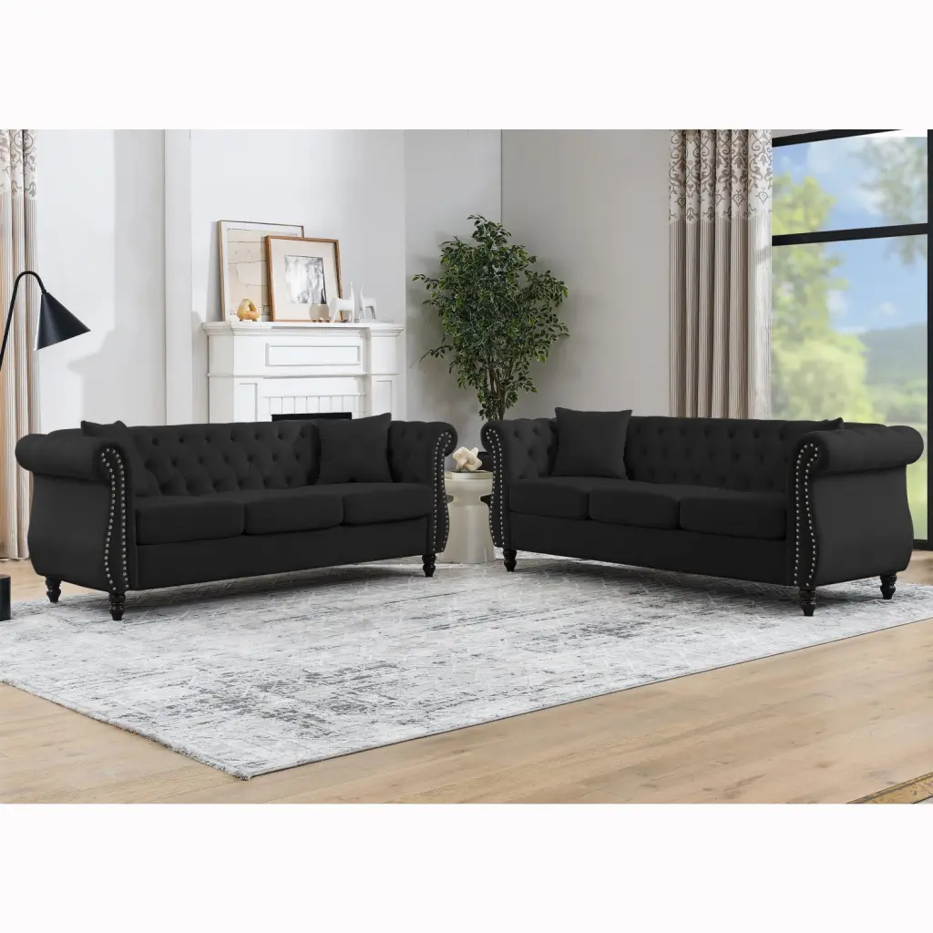 80 Chesterfield Sofa Black Velvet 3 Seater Tufted Couch Rolled Arms Ponnky