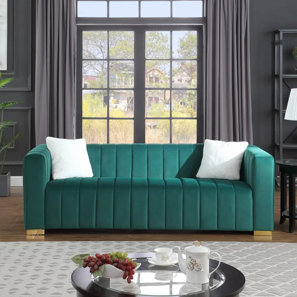 Dark Green Velvet 3-Seater Sofa Modern Channel Design Chesterfield Inspired Ponnky