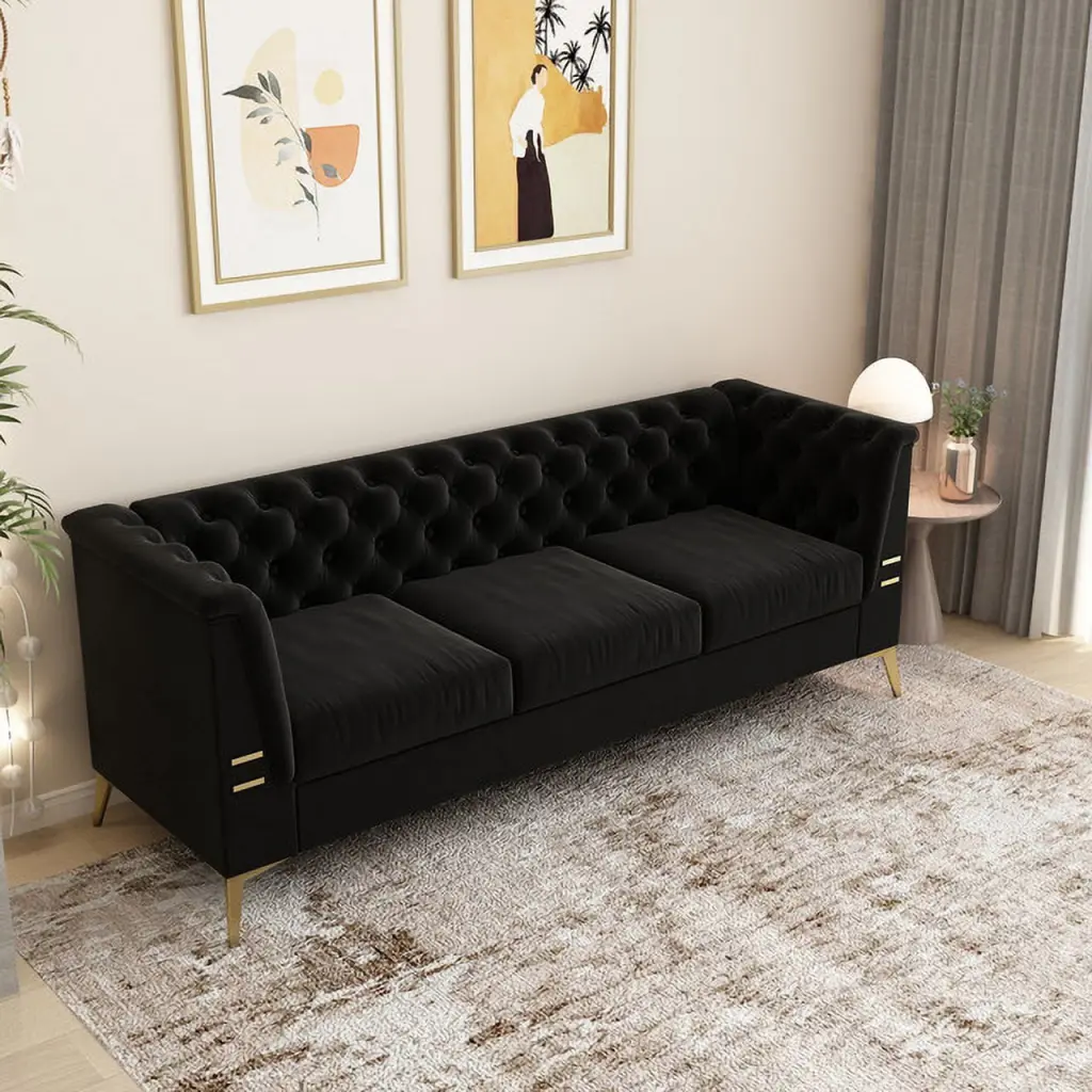 Elegant Black Velvet Chesterfield Sofa Tufted Seat and Metal Legs Ponnky