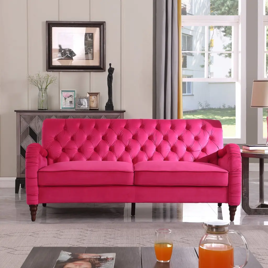 Elegant Rose Red Chesterfield Sofa 3 Seater Luxurious Velvet Deep Tufting Contemporary Interiors Ponnky