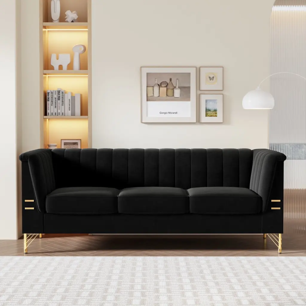 Modern 82.67 Inch Velvet Chesterfield Sofa Metal Legs Living Room Ponnky