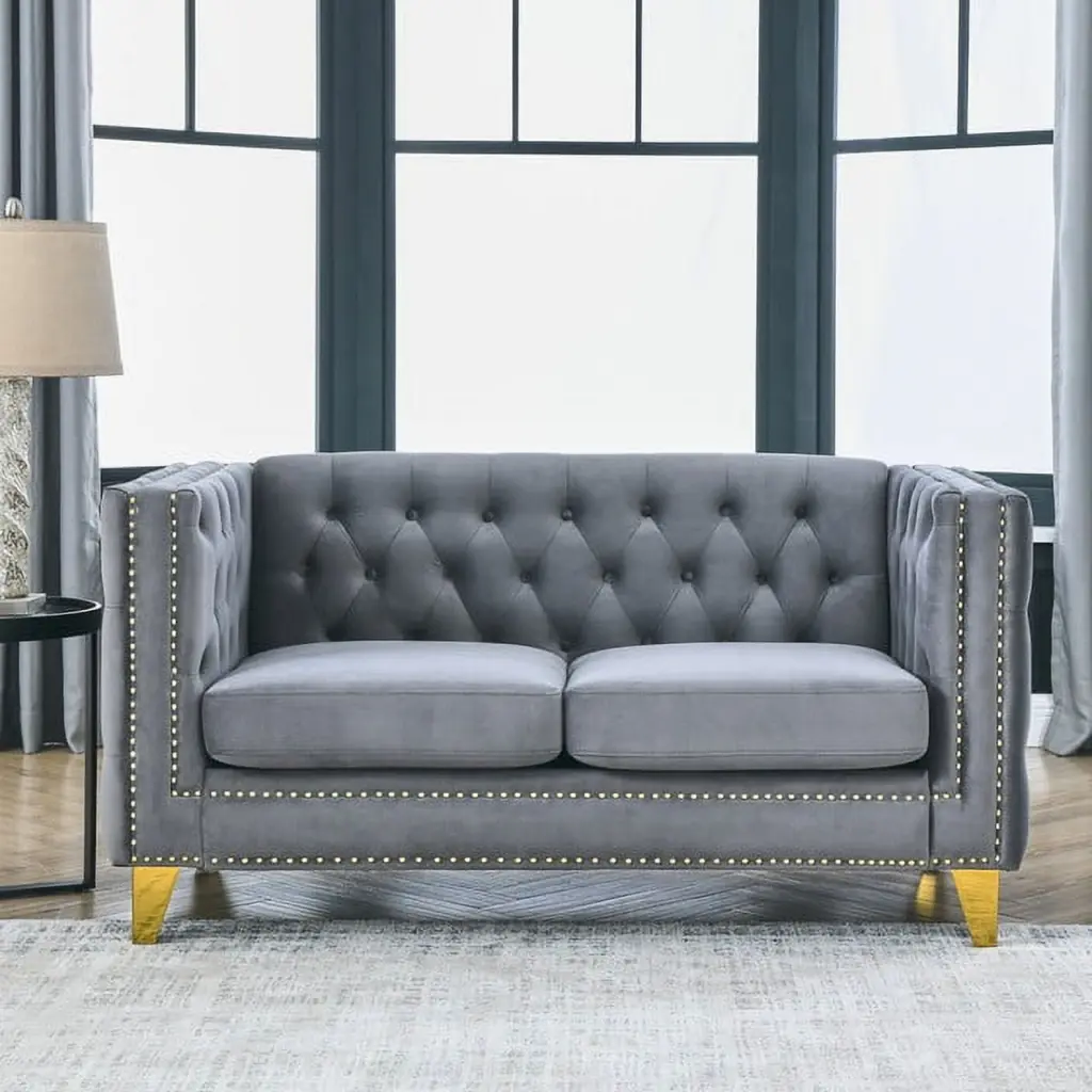 Modern Gray Velvet Chesterfield 2-Seater Sofa Tufted Buttons and Metal Legs Ponnky