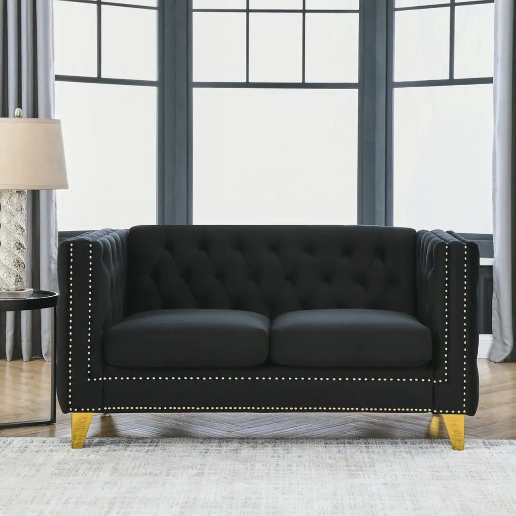 Sophisticated Black Velvet Chesterfield 2-Seater Sofa Nailhead Accents Ponnky