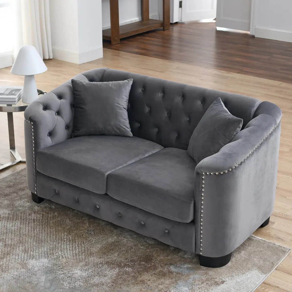 59-Inch Modern Chesterfield Velvet Sofa 2-Seater Tufted Backrests and Nailhead Arms Living Room Bedroom or Office Grey unk...