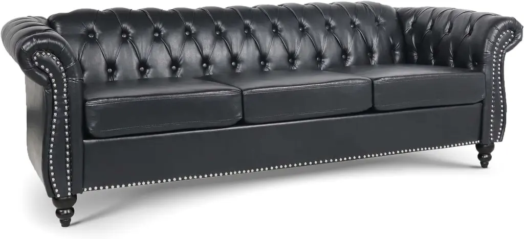 Wlvos 84 Leather Chesterfield Sofa Black - Rolled Arm 3-Seater Tufted Couch