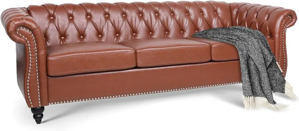 Wlvos 84 Leather Chesterfield Sofa Brown - Rolled Arm 3-Seater Tufted Couch