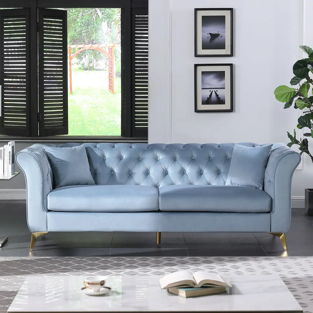 Chesterfield Stanford Teal Blue Tufted Wrinkled Fabric Sofa Scroll Arm and Back Wobythan