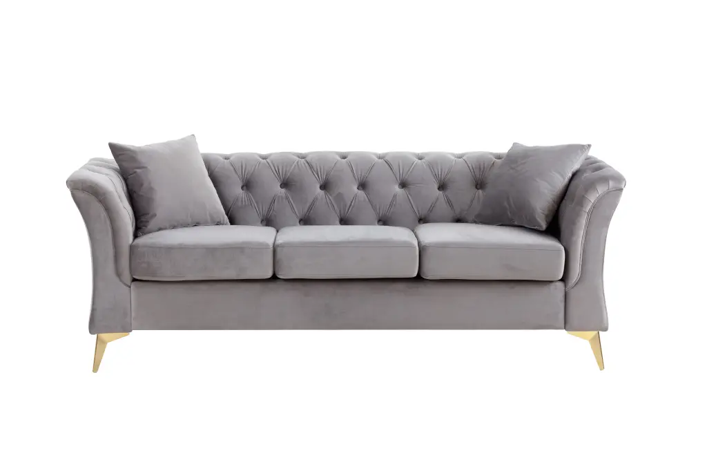 Modern Chesterfield Curved Velvet Sofa Gold Metal Legs Grey Wobythan