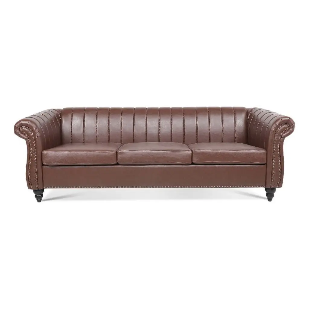 CRO Decor 84'' Rolled Arm Chesterfield Three Seater Leather Sofa Dark Brown - Classic Elegant Couch