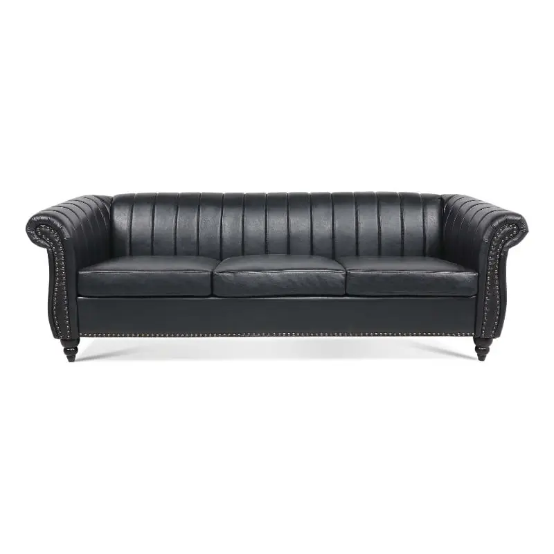 CRO Decor 84'' Rolled Arm Chesterfield Three Seater Leather Sofa Black - Classic Elegant Living Room Couch