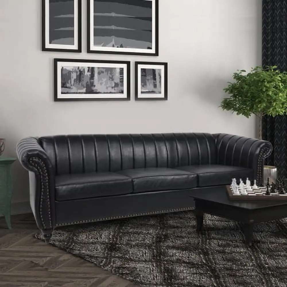 Modern 3 Seater Couch Roll Arm Classic Tufted Chesterfield Settee Black JINS & VICO