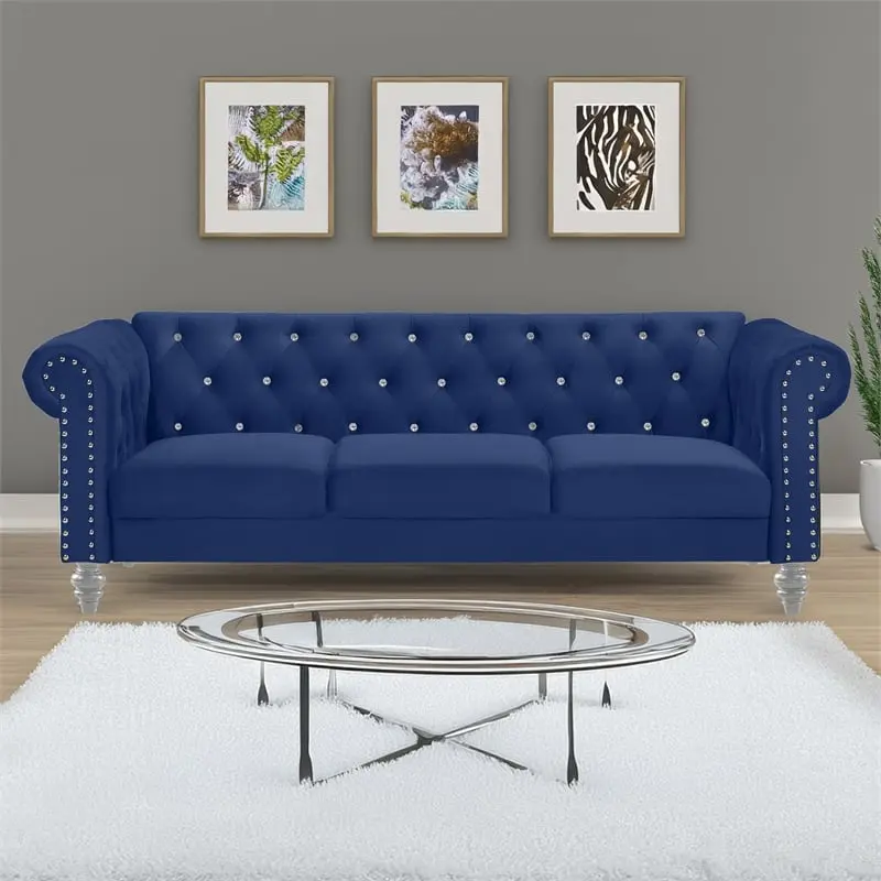 New Classic Furniture Emma Crystal Velvet Fabric Sofa Royal Blue