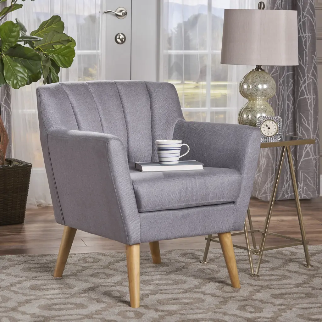 Mid-Century Modern Fabric Club Chair Light Grey Splayed Wood Legs OMCCHK