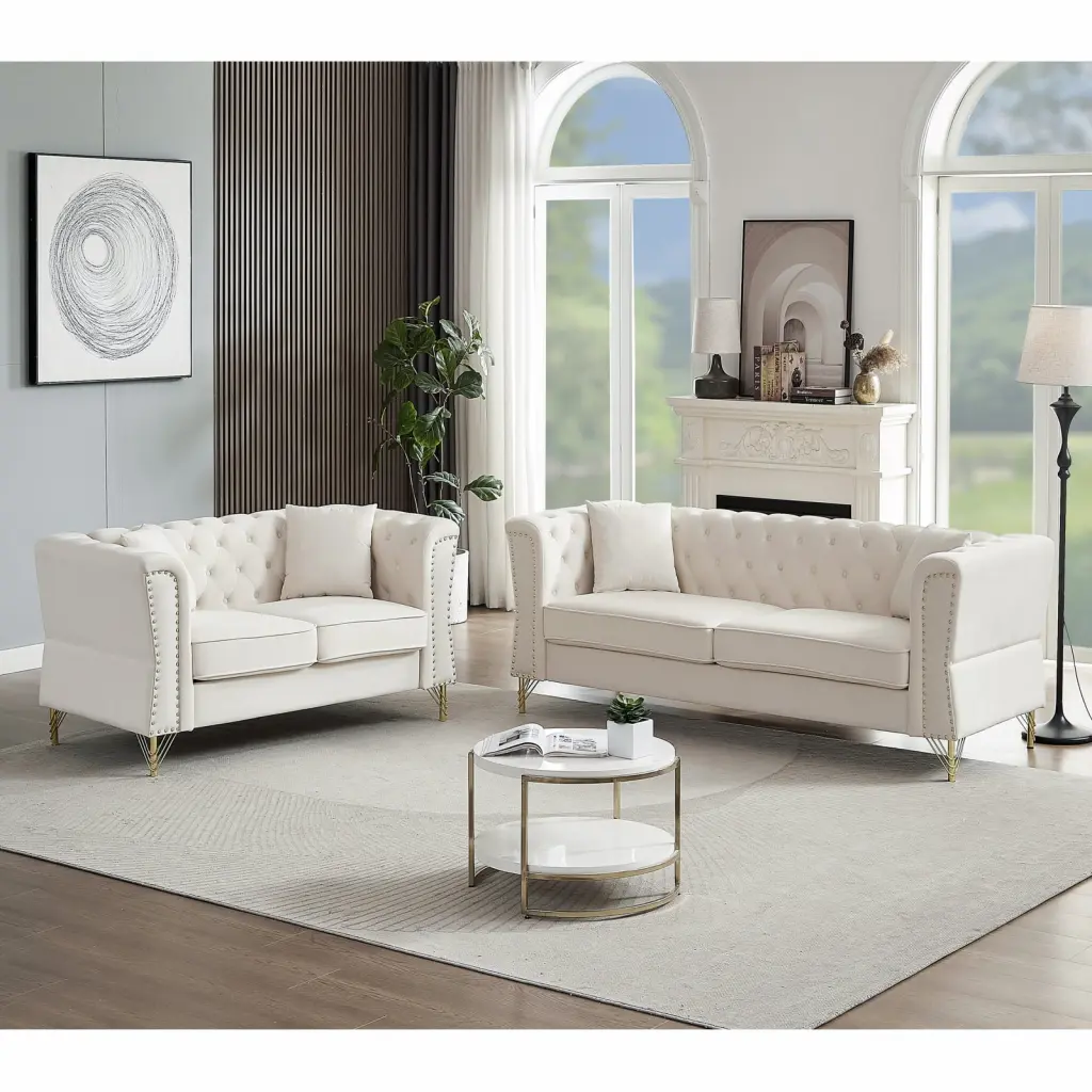 Beige Velvet 2-Seater + 2-Seater Combination Sofa Handcrafted Nailhead Trim LMing