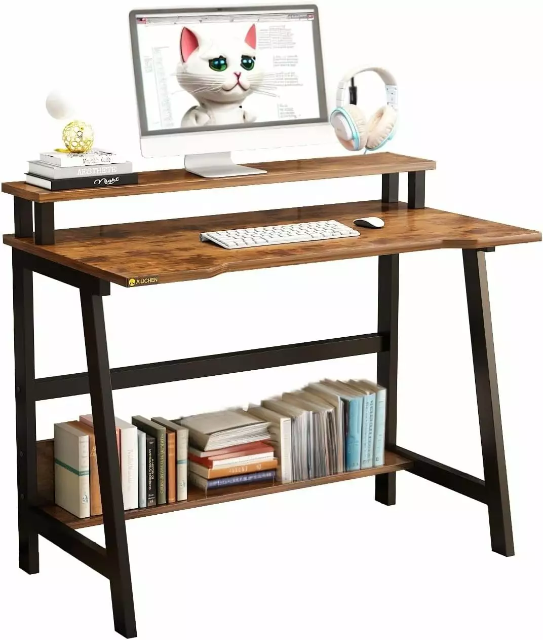 33.5 Inch Small Computer Desk Monitor Storage Shelf Modern Writing Table Home Office shinyswan