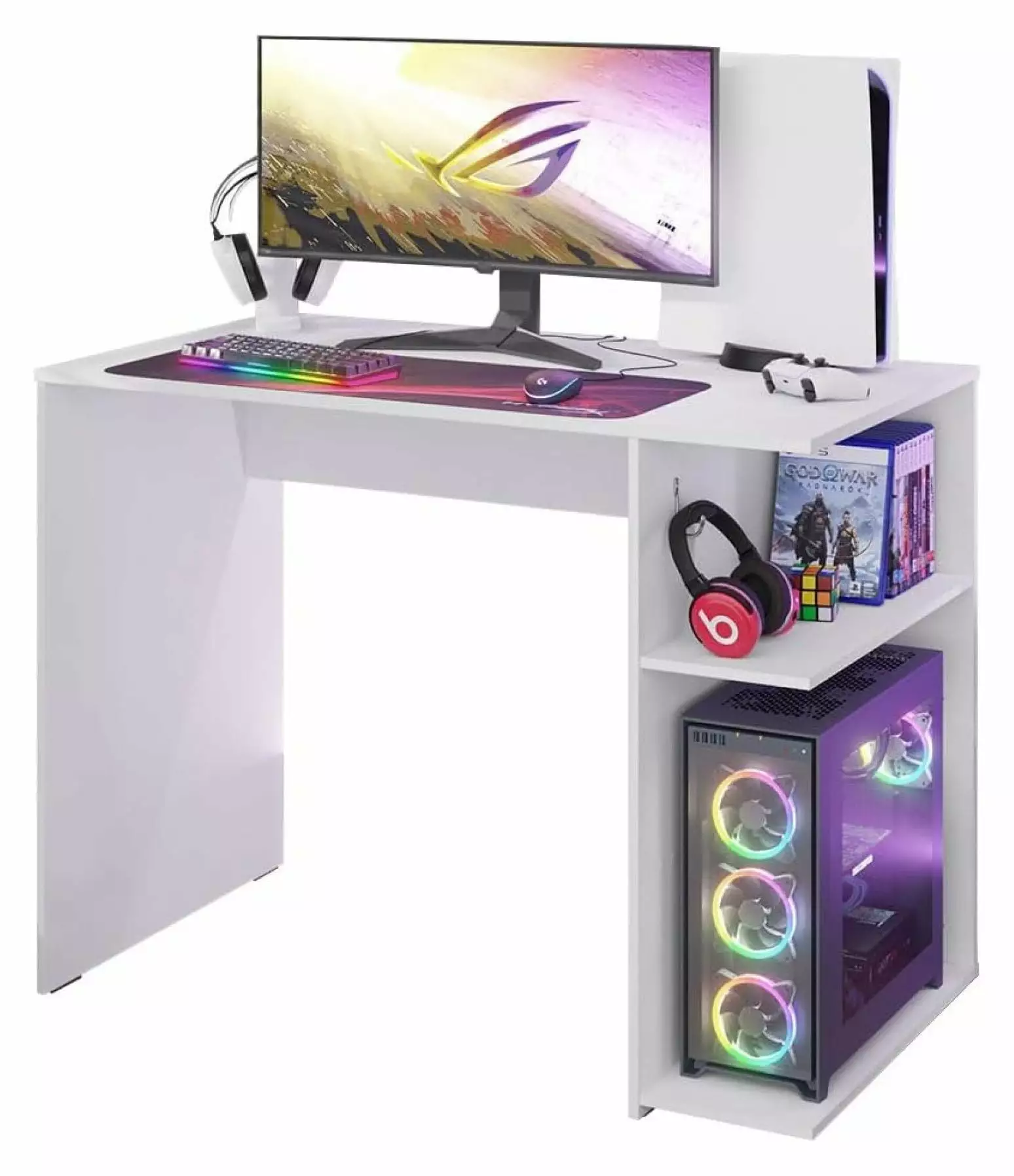 ZeloraGildan Compact Gaming Computer Desk 2 Shelves - Cable Management & Large Monitor Stand White