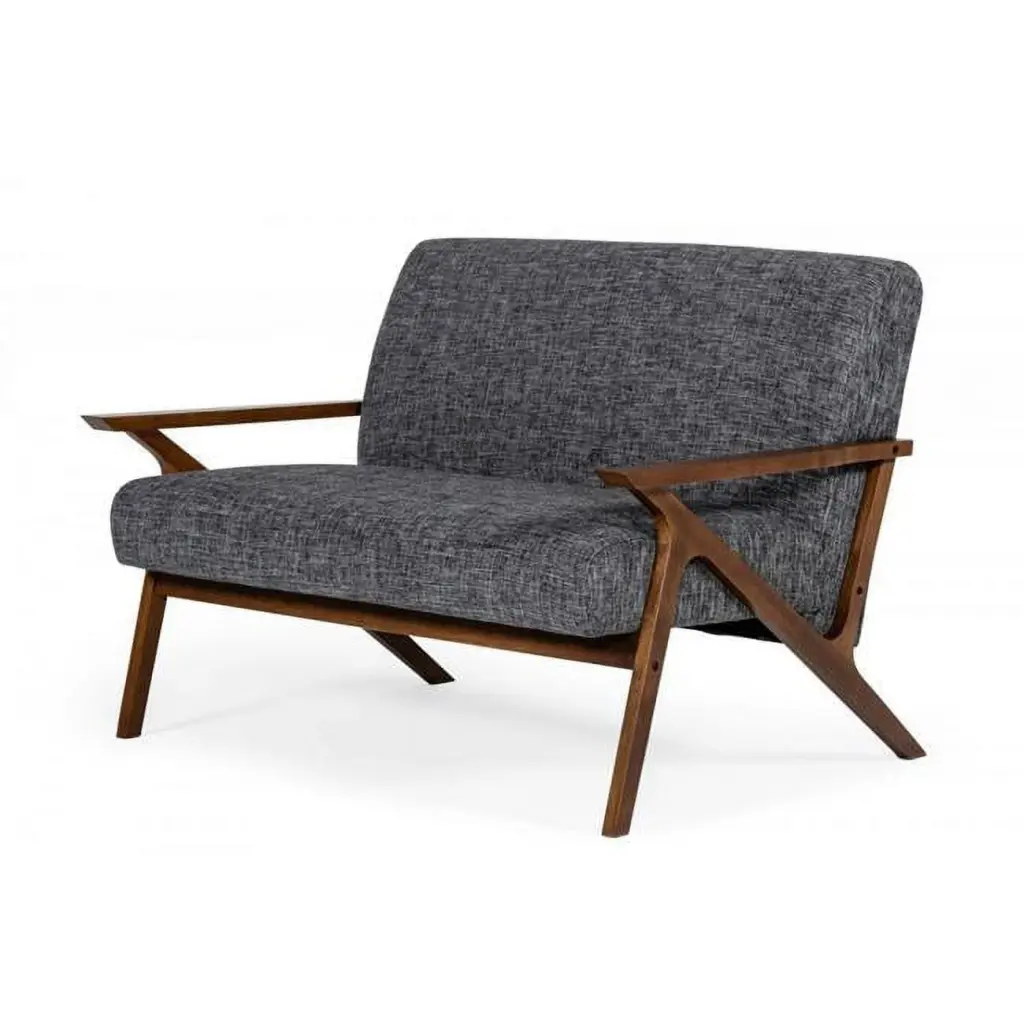 44 . Compact Fabric & Veneer Loveseat Grey Walnut Finish Fancy Fixtures