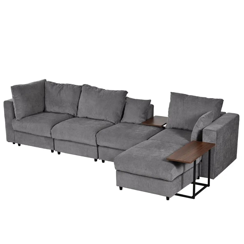 Modern Large L-Shape Sectional Sofa 2 Pillows and 2 End Tables - Complete Living Room Set Kojooin