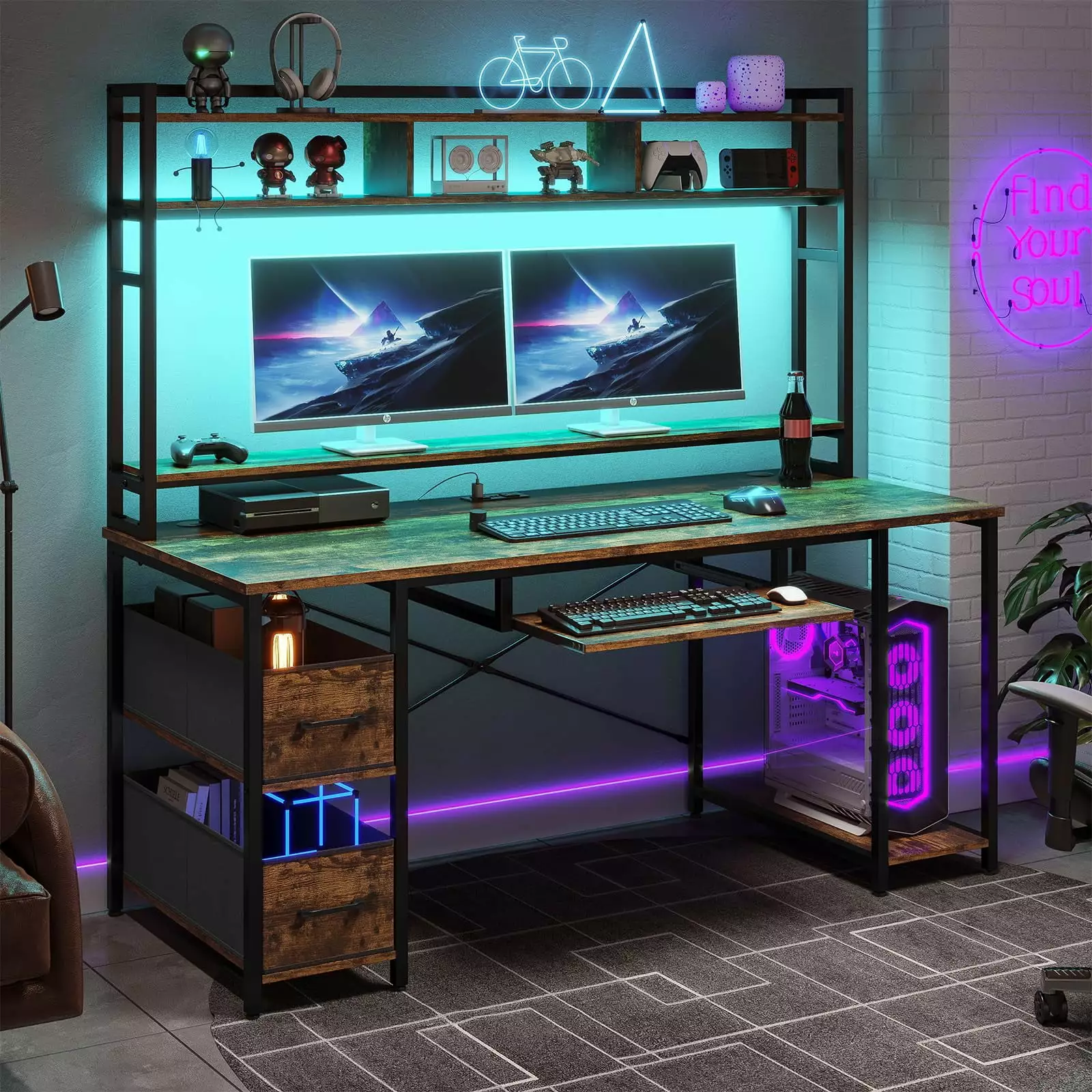 Afuhokles 55 Gaming Desk Drawer Power Outlet LED Lights Hutch Rustic Brown