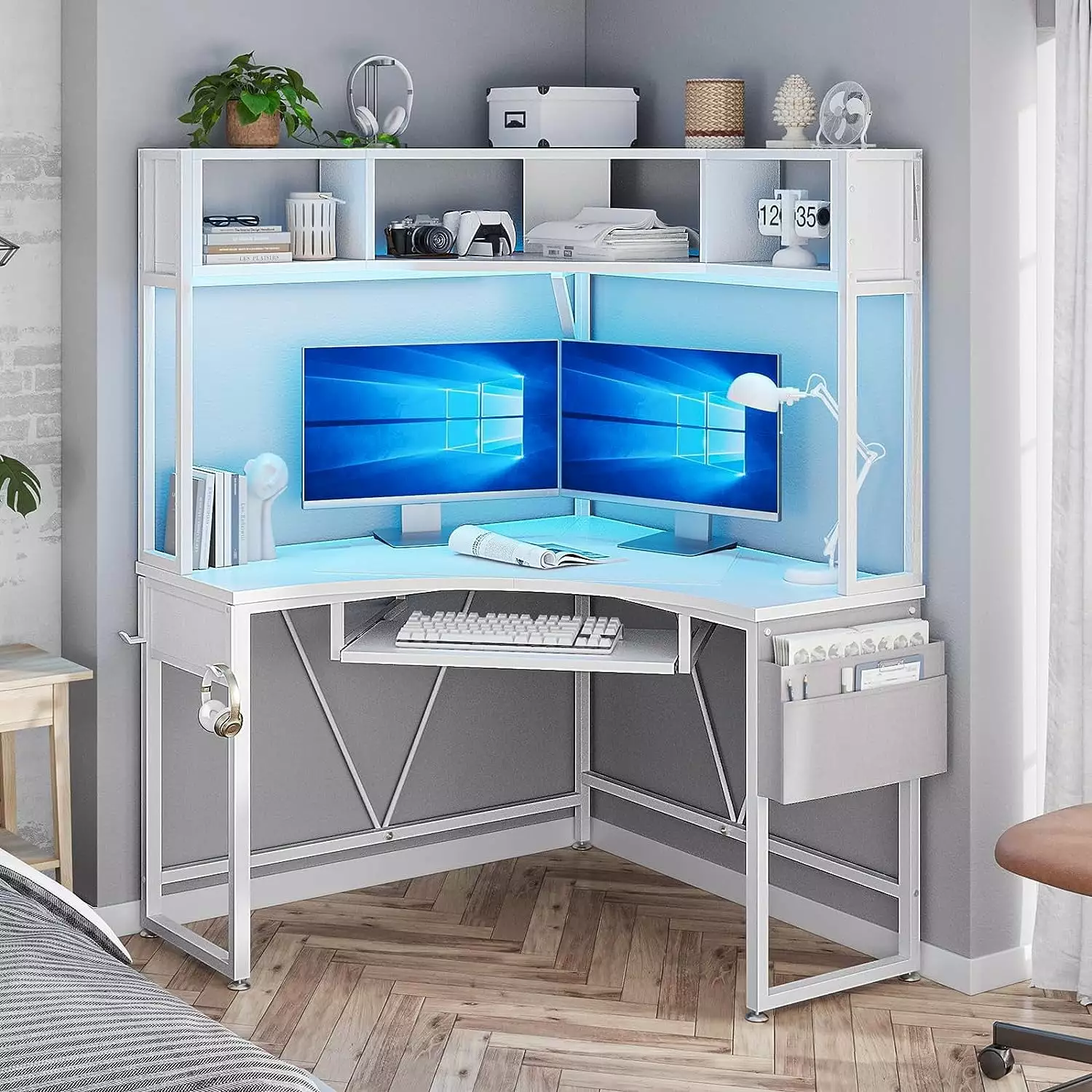 AOGLLATI Corner Desk Storage Hutch LED Lights White Office Desk