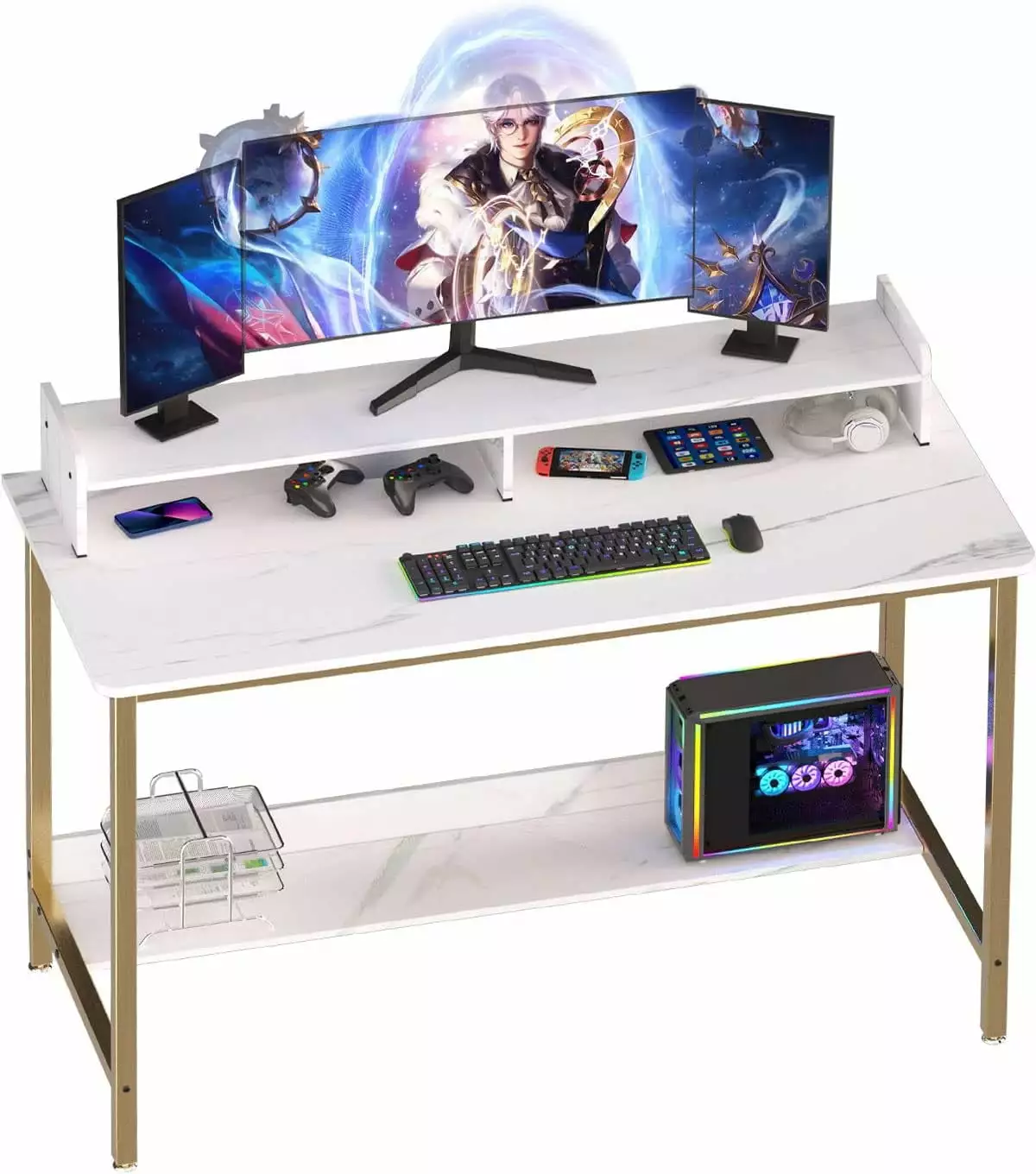 43 Inch Computer Desk Shelves Gaming Writing Desk Study PC Table Workstation Storage Home Office Metal Frame White A&A Man...