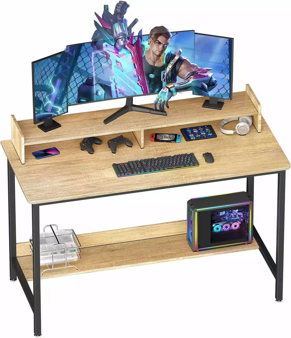 43 Inch Computer Desk Shelves Gaming Writing Desk Study PC Table Workstation Home Office Living Room Bedroom Metal Frame B...