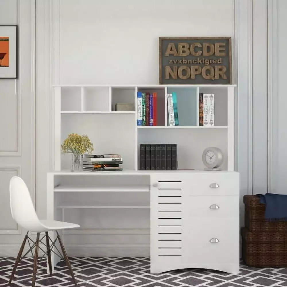 Computer Desk 2-tier Open Shelf and 3 Large Drawers Antiqued White Finish ARCTICSCORPION