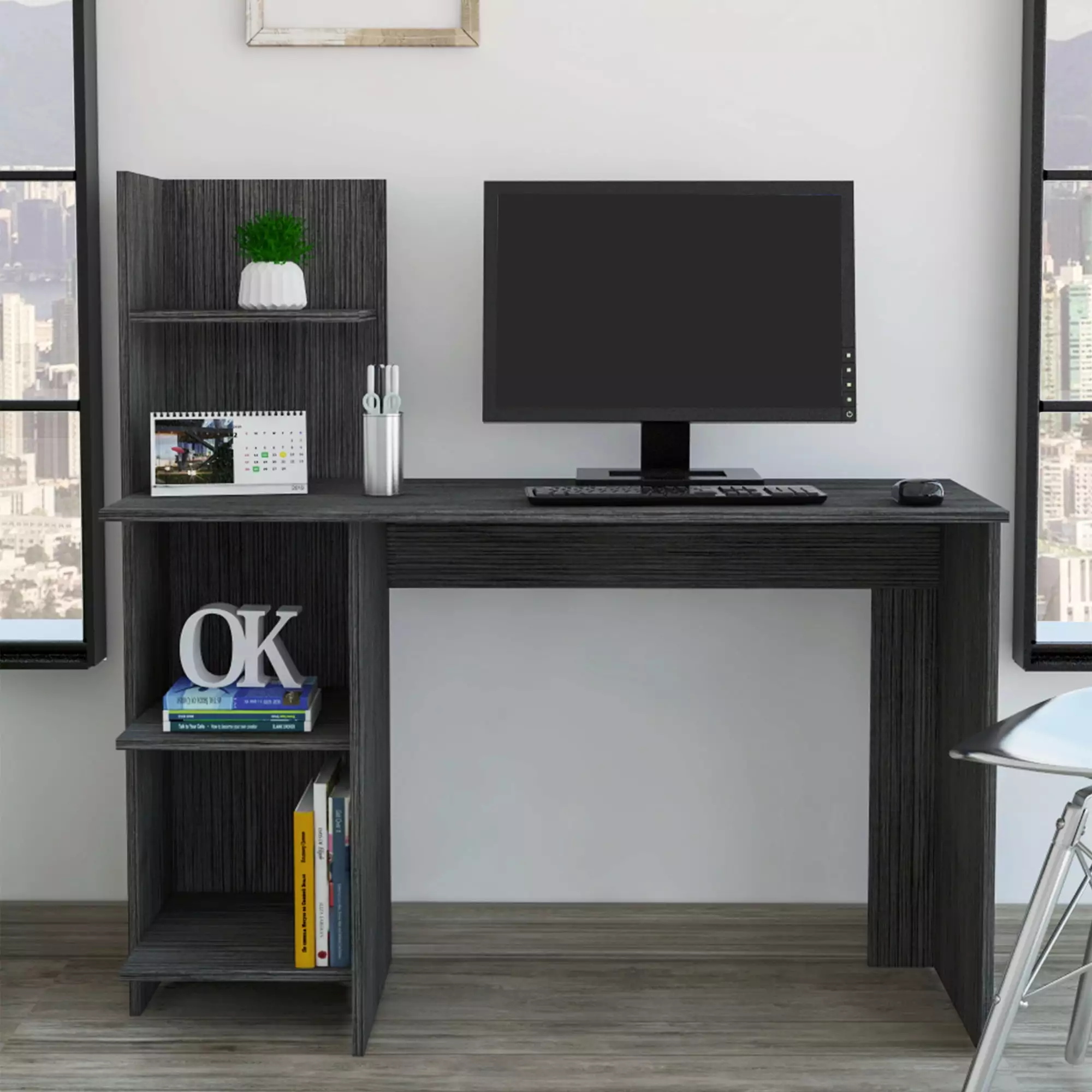 Aukfa 47-Inch Computer Desk 4 Tier Storage Shelves - Home Office Desk Gray