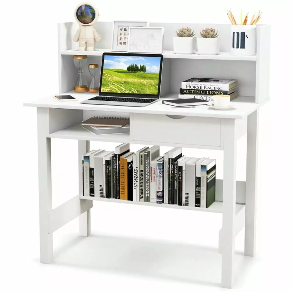 Barara King Home Office Desk Storage Shelves and Drawer - Computer Study Writing Gaming Table Workstation