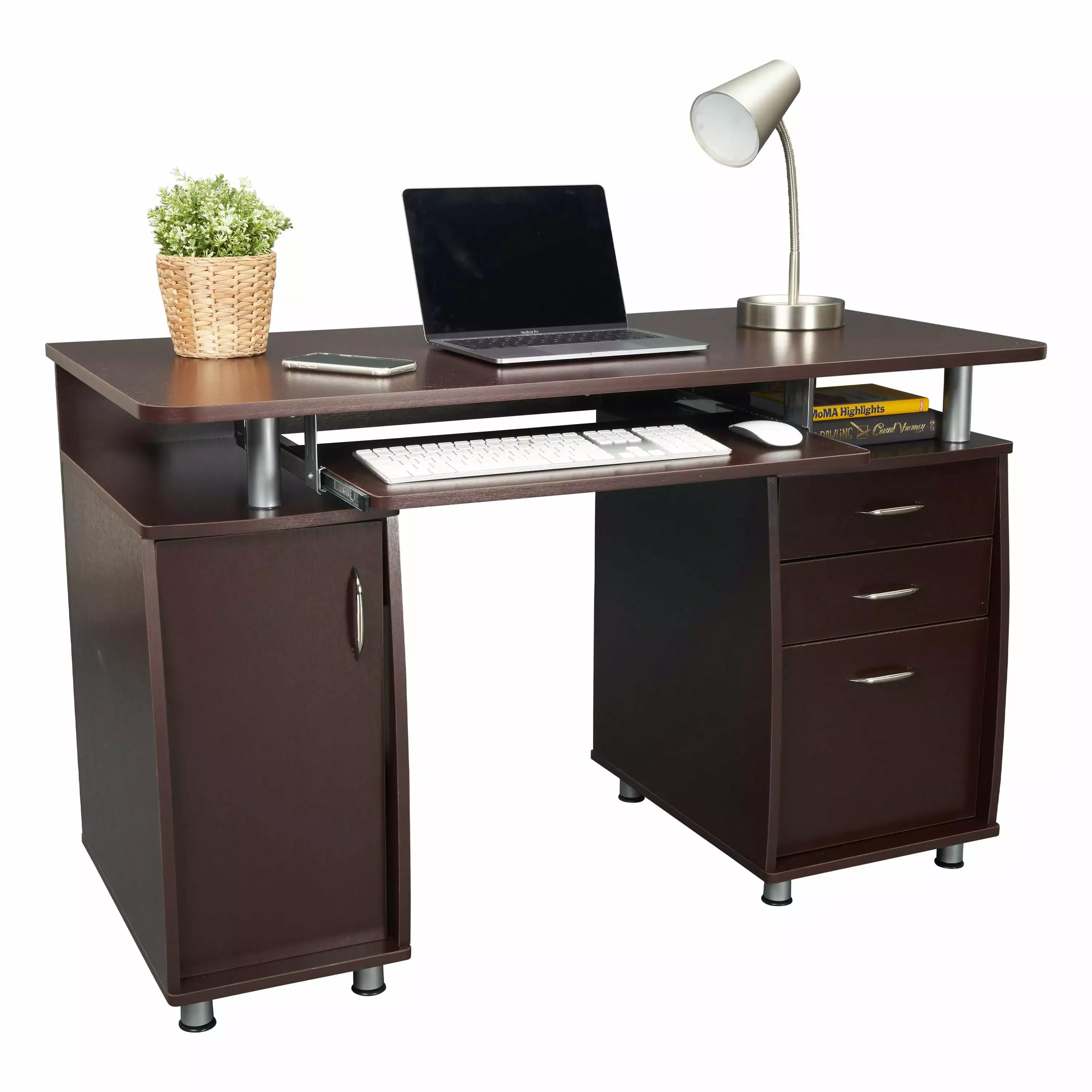 BaytoCare 47'' Computer Desk 2 Drawers File Cabinet Portable Storage Shelves Chocolate