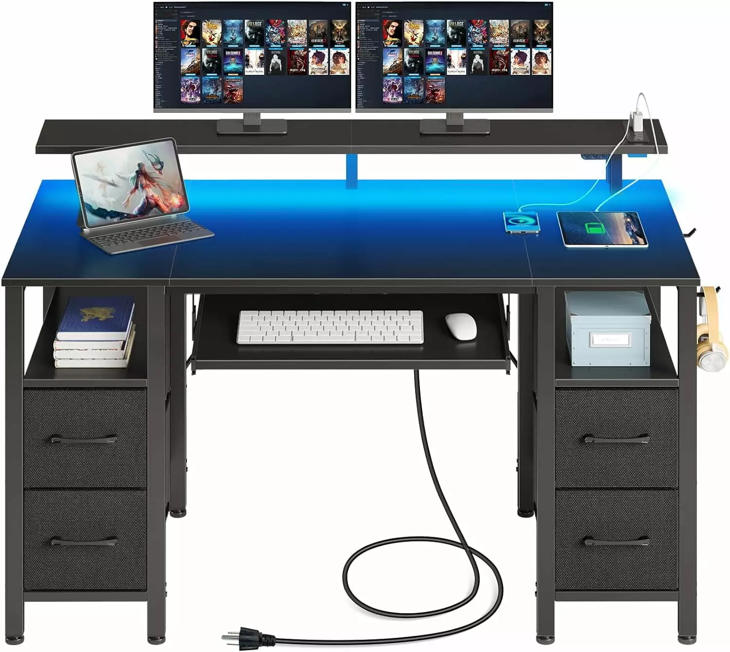 55.1 Inch Computer Desk LED Lights Power Outlets 4 Drawers Keyboard Tray Monitor Stand Black Home Office Desk B&B Charcoal