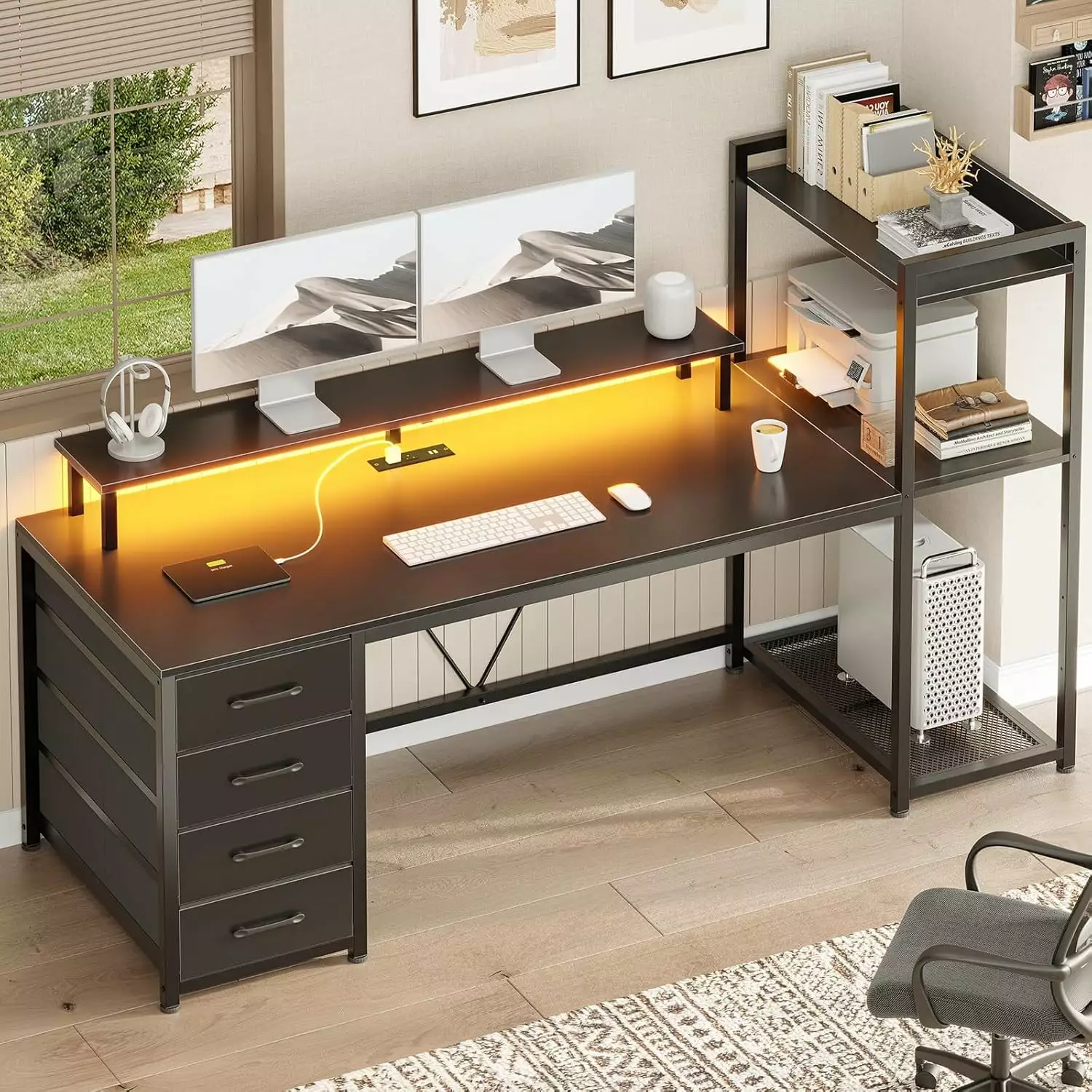 59 Inch Computer Desk 4 Drawers Shelves LED Lights Power Outlets Black Gaming Home Office Desk B&B Charcoal
