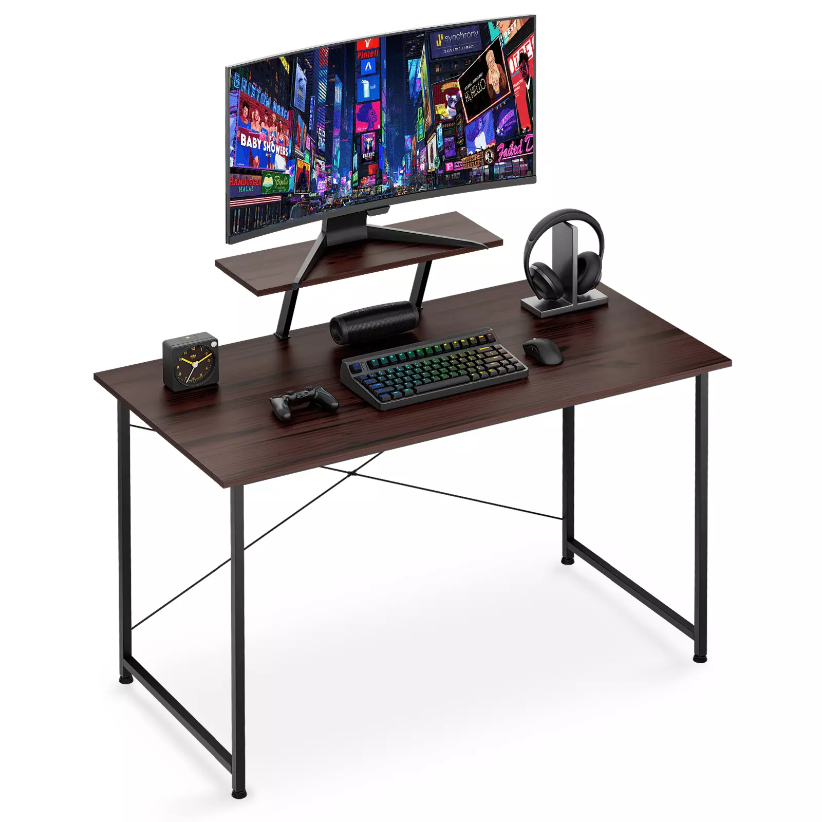 BEZT Computer Desk Monitor Stand 47 Inch 2-Tier Rustic Brown Modern Office Desk Work Study