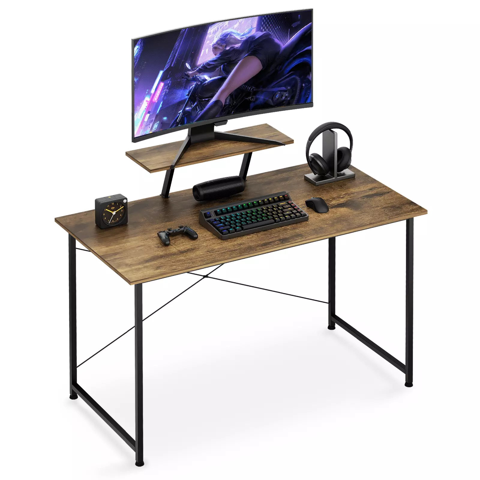 BEZT Computer Desk Monitor Stand 47 Inch 2-Tier Cinnamon Cherry Modern Office Desk Work Study