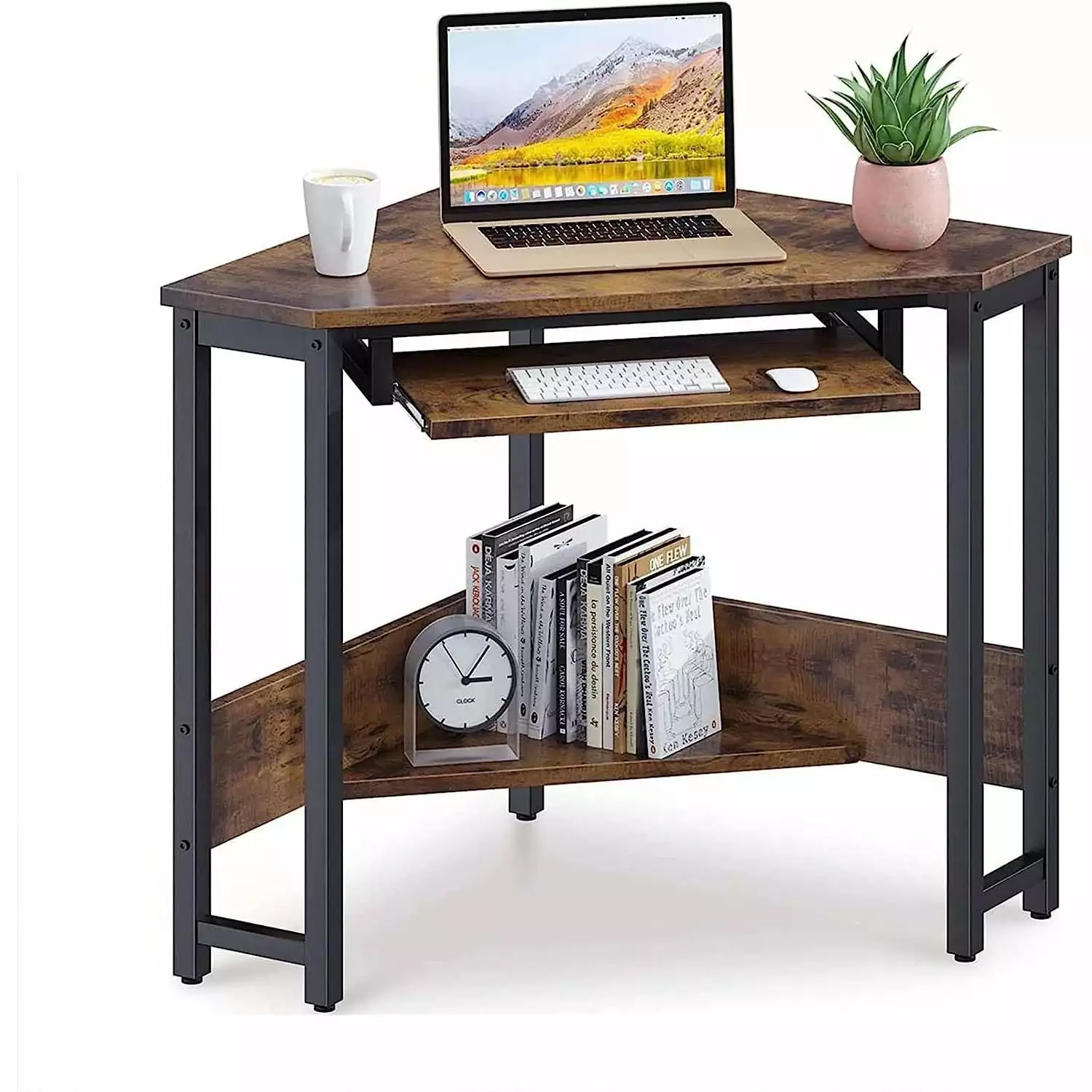 Bilot Triangle Computer Desk Small Sturdy Steel Frame Workstation Keyboard Tray Storage Shelves Vintage