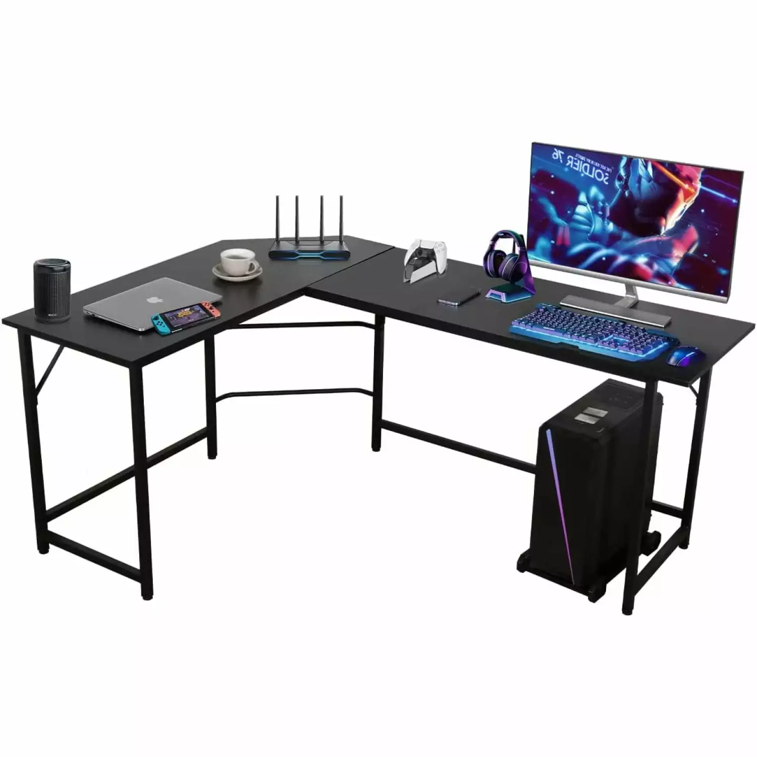 66 Inch Modern L-Shaped Corner Computer Desk Home Office Gaming Workstation CPU Stand Black Bilot