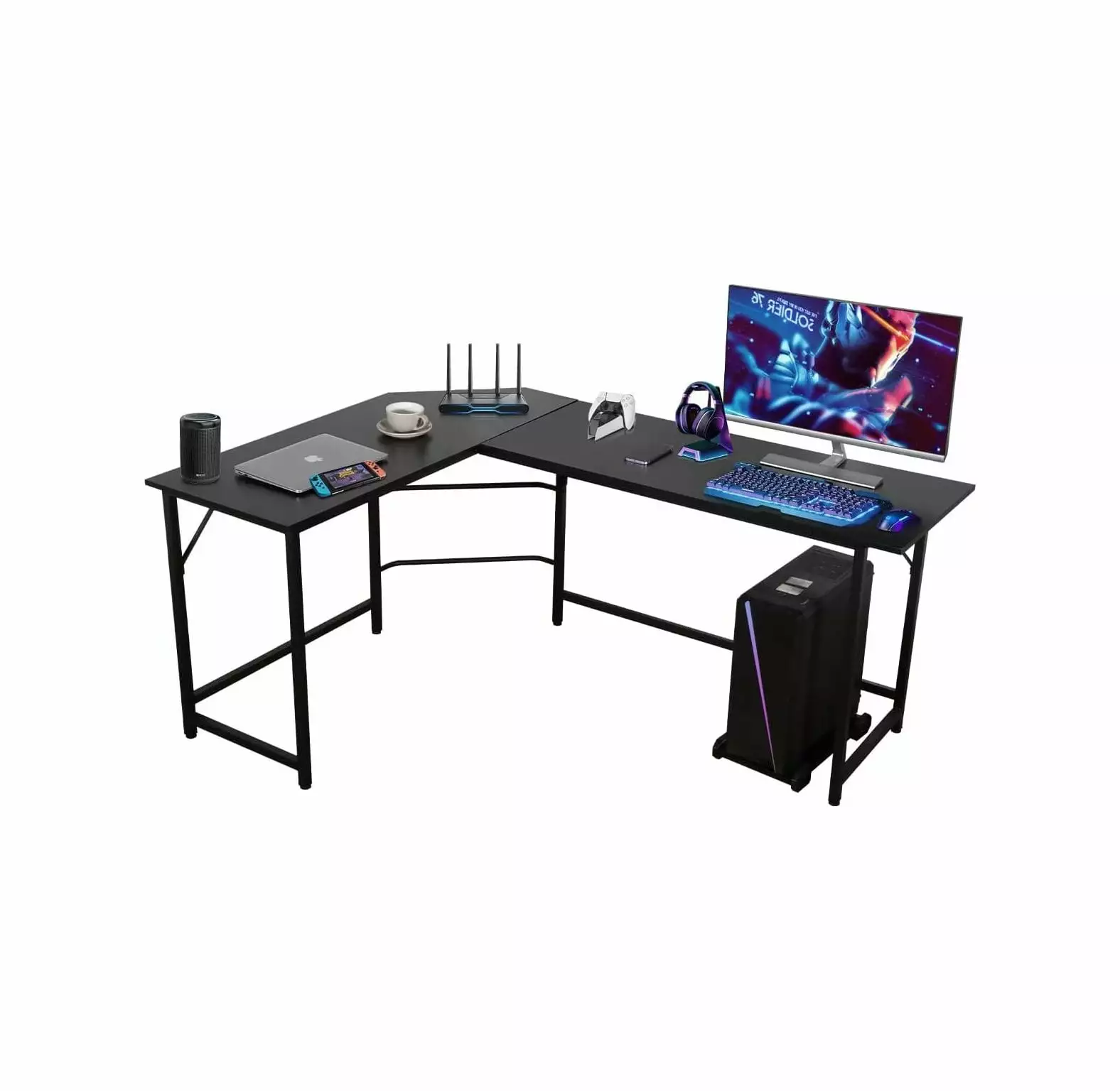 CintBllTer 66 Inch Modern L-Shaped Corner Computer Desk Home Office Gaming Workstation CPU Stand Black