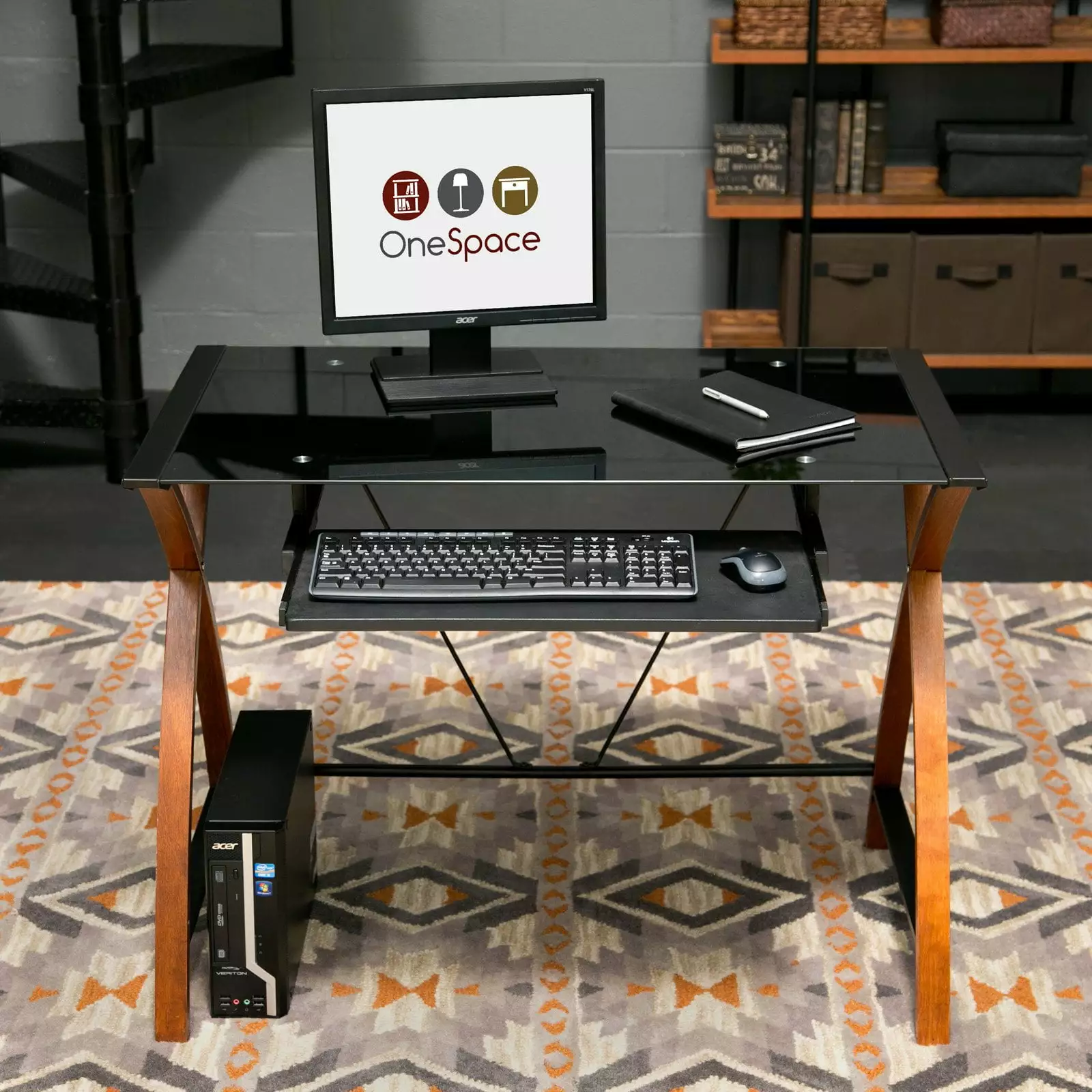 Glass and Wood Computer Desk Pullout Keyboard Tray Comfort Products
